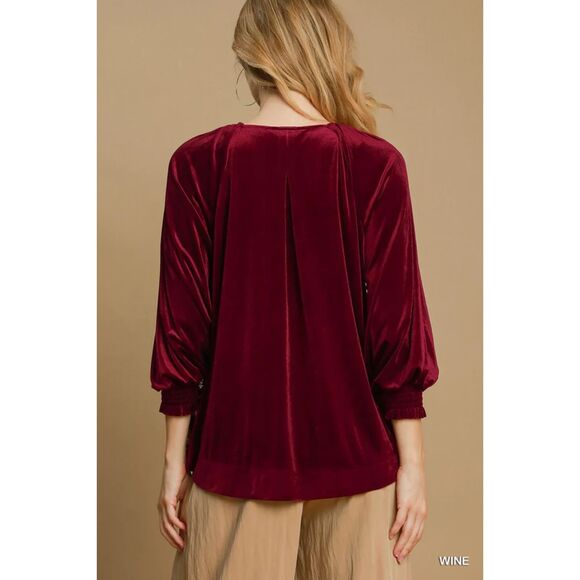 UMGEE Floral Lace Velvet Top Sz 1X Red Wine Blouse Smocked Raglan Sleeves NWT - Picture 6 of 12